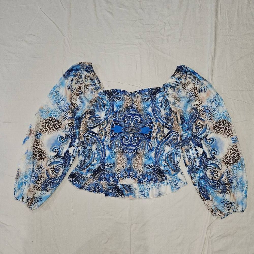 3/$15 Fam Fam Abstract Blue Print Puff Sleeve Top Size XL